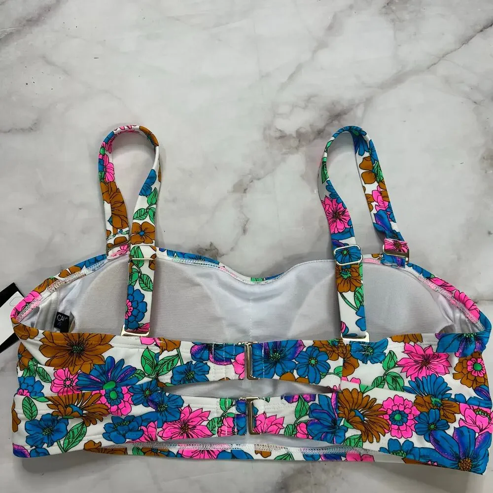California Waves Wallpaper Floral Bandeau Bikini Top Size 1X Multi Straps New
